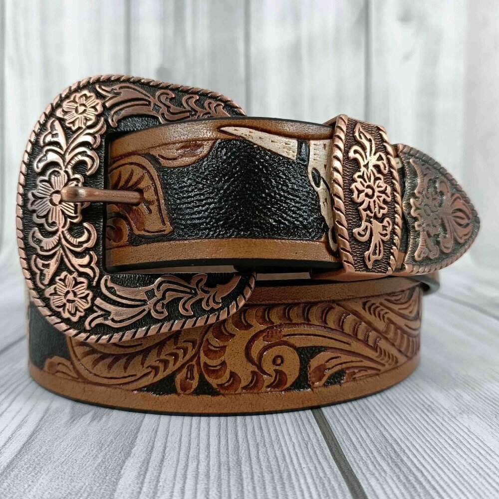 Western Floral Leather Belt For Men or Women, Embossed Tooled Full Grain Leather